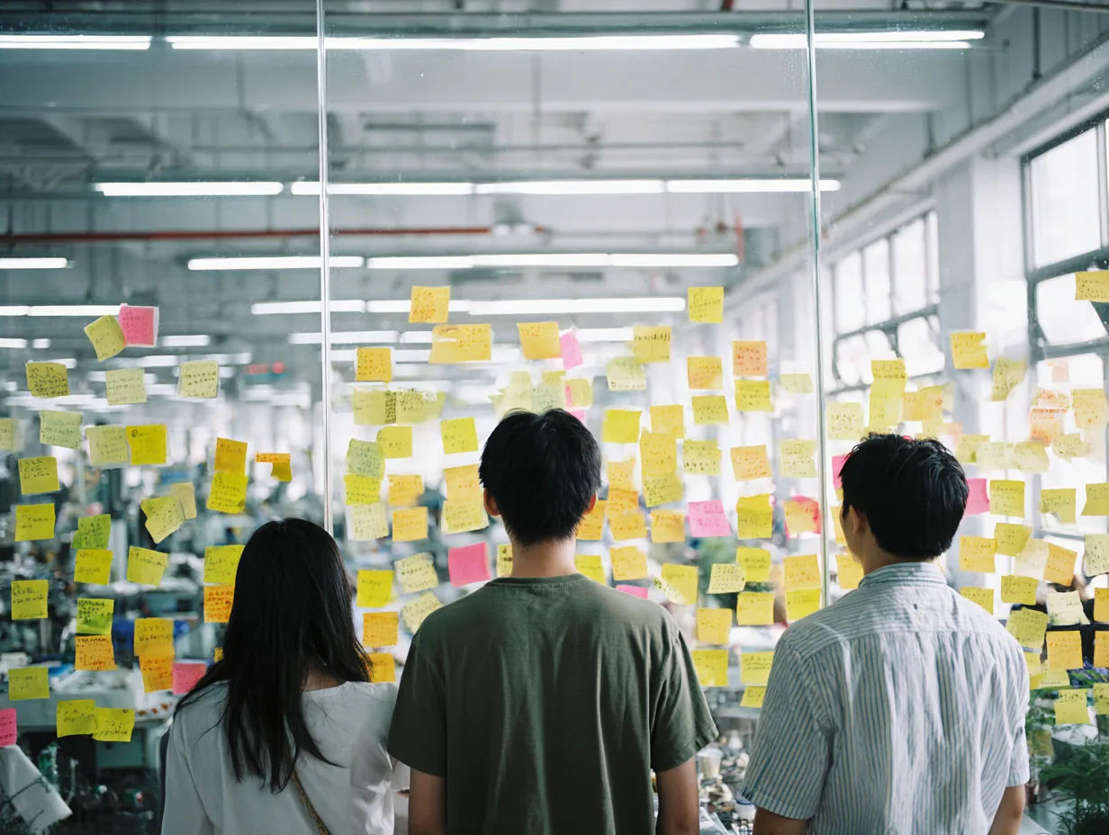 小组在玻璃墙上用便签梳理生产流程