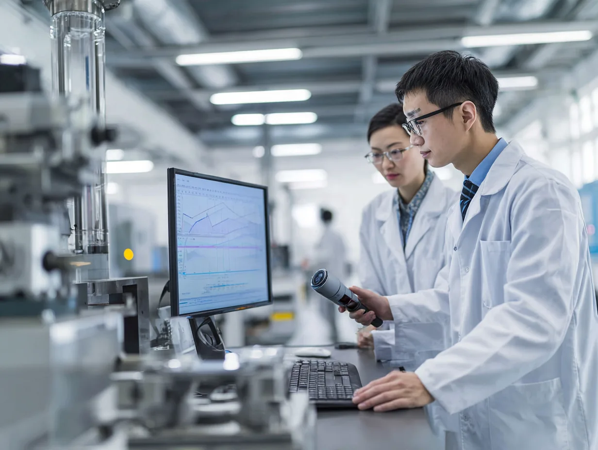 质量工程师用三维扫描仪检测零件，客户在旁核对